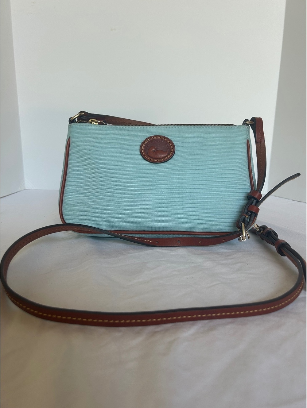 Dooney & Bourke Light Blue Canvas and Brown Leather Crossbody Bag